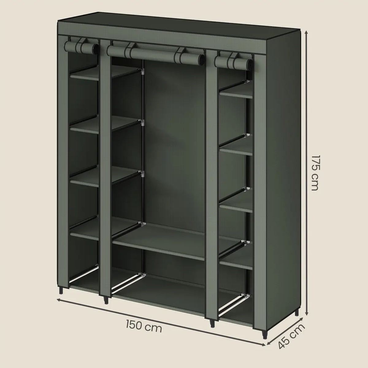 JOYFURNOS Kleiderschrank 150 x 45 x 175 cm – Laurel-Grün – 12 Fächer mit Kleiderstange