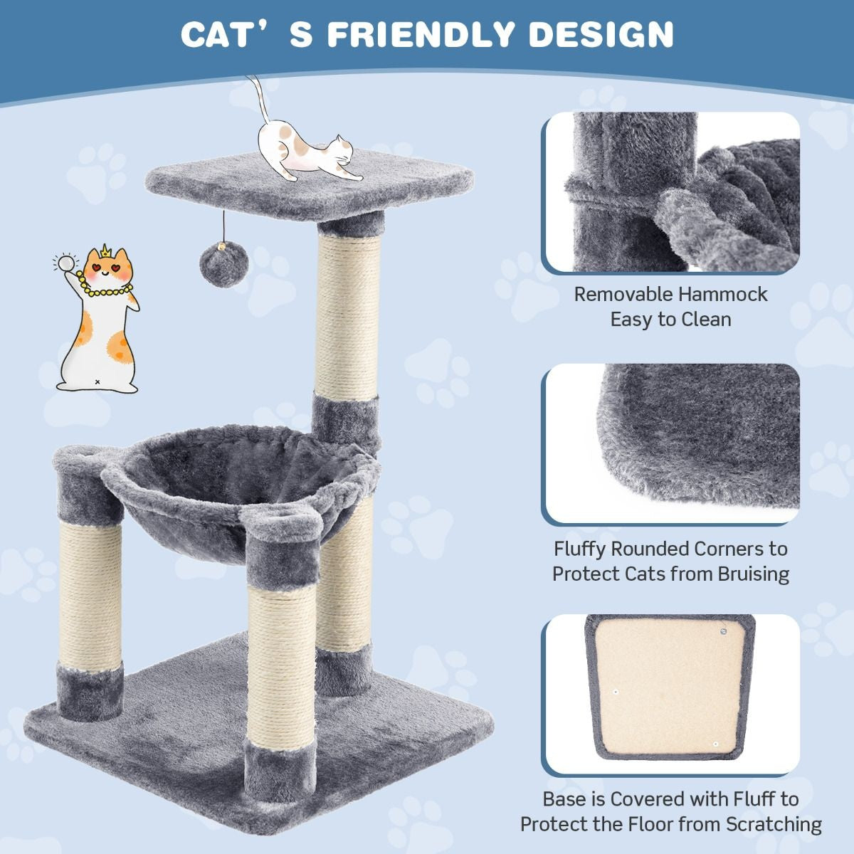 Coast Multi -Storey Scratching Post Soft Wrapped Kratzbaum mit einer gemütlichen Hängematte grau