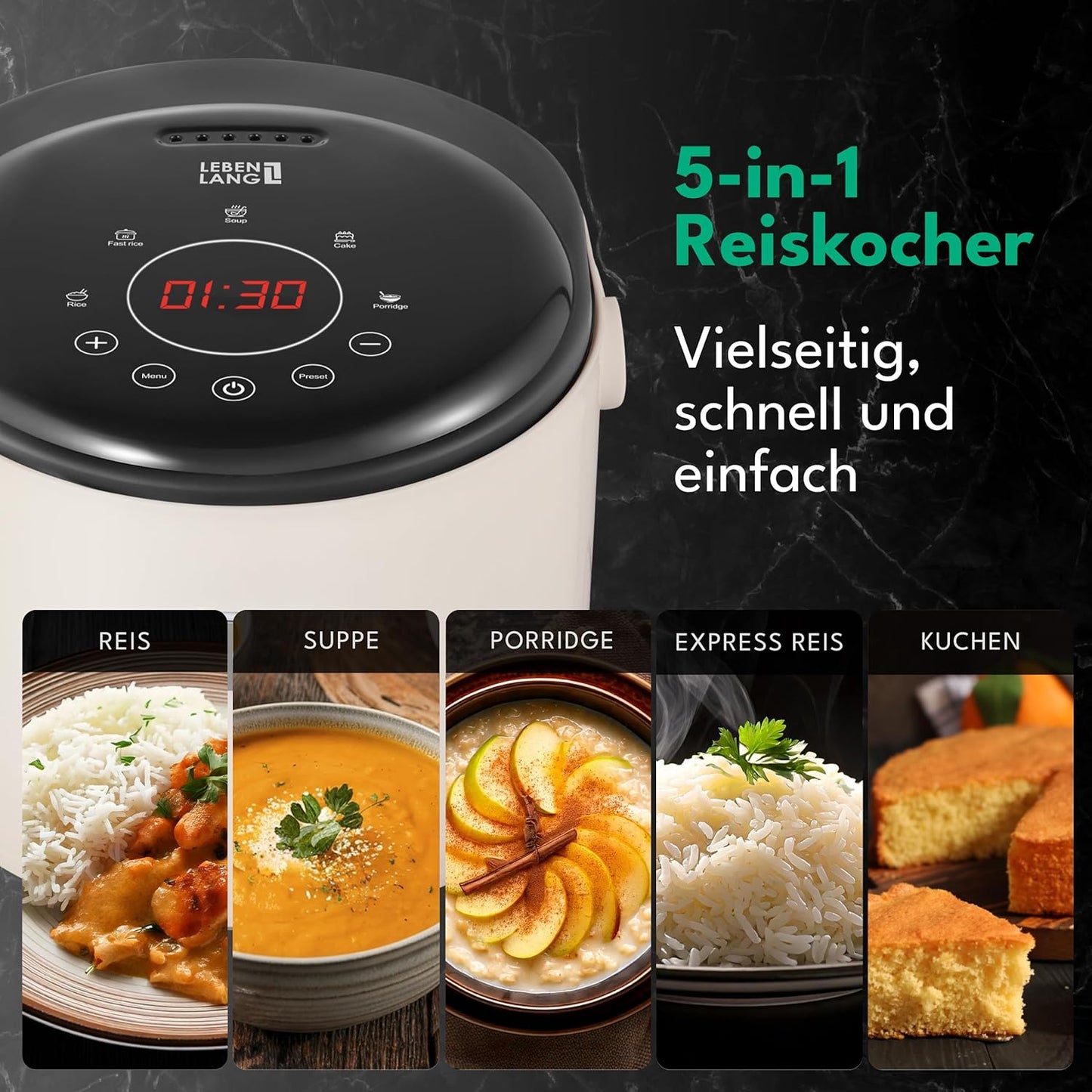 LEBENLANG Digitaler Reiskocher 0.8L Beige - Kompakter elektrischer Reiskocher mit Warmhaltefunktion, Timer & 5 Kochmodi - Für 2 bis 4 Personen - 30x26x22 cm