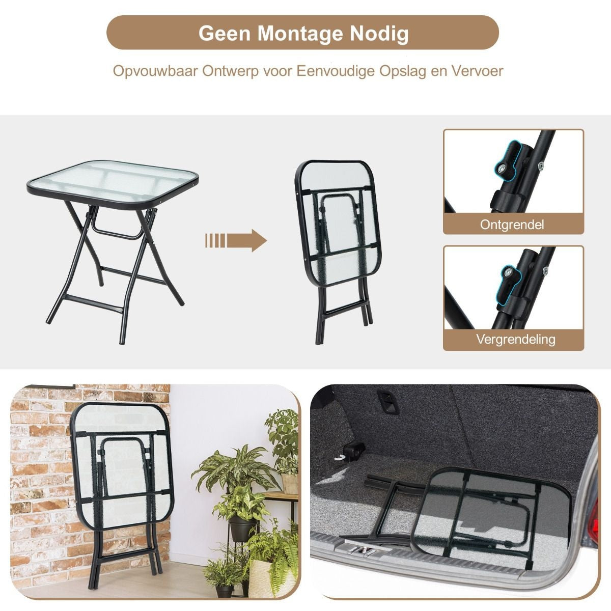 Coast Terrace Beistelltisch quadratischer Glastisch mit Edelstahlgestell klappbarer Couchtisch schwarz