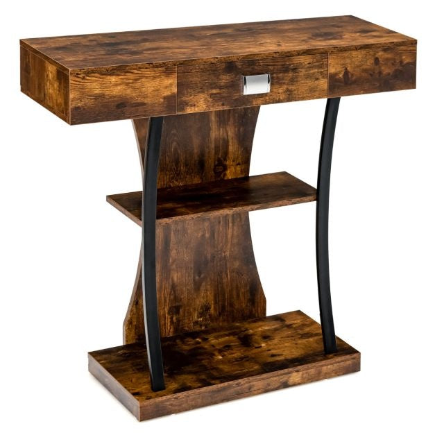 Coast - T-förmiger Konsolentisch mit Schubladen - 2 Ablagen - Industriedesign - Rustikales Braun