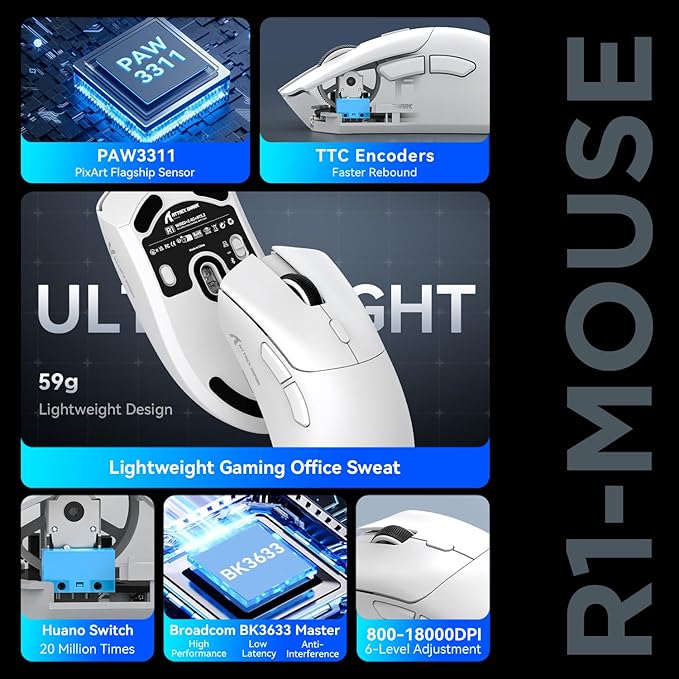 ATTACK SHARK R1 Superlight Gaming Mouse - 59g - 12,2 × 6,4 × 3,8cm - Kabellos & kabelgebunden - Bis zu 18.000 DPI - 65 Stunden Batterielaufzeit - Weiß
