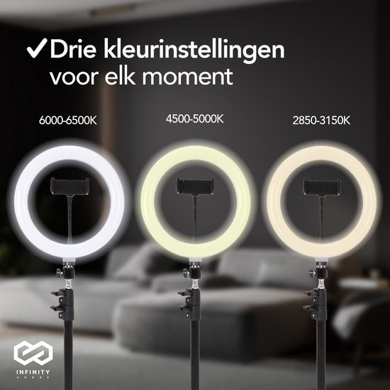 Infinity Goods Ringlicht mit Stativ - LED - 3 Farben - Verstellbares Stativ bis zu 186m - Inklusive Stecker - Selfie Ringlicht für Tiktok / Instagram / Youtube / Streaming / Arbeiten zu Hause - Schwarz