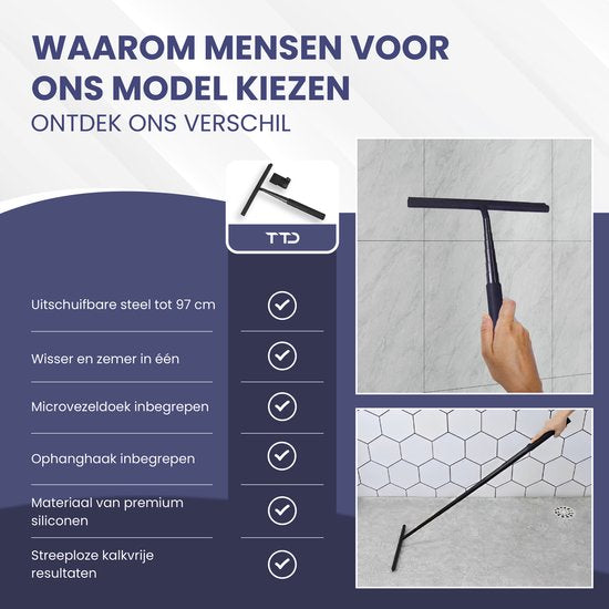 TTD® Duschwischer 2-in-1 mit ausziehbarem langem Stiel - 97 cm - Silikonwischblatt - Ergonomisch - Mit Mikrofasertuch und Aufhängehaken - Duschabzieher - Badezimmer-Bodenwischer - Bodenwischer - Schwarz