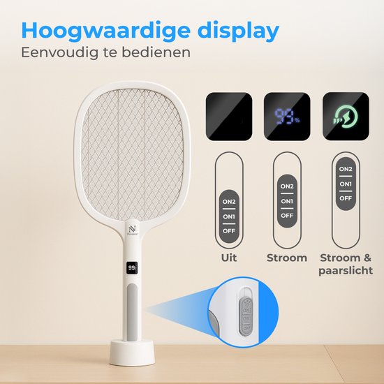 Nuvance Elektrische Fliegenklatsche - Usb Wiederaufladbar - Mückenlampe - mit Display - Mückenstecker - Fliegenfalle - Fliegenlampe - Weiß