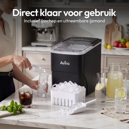 Aviro Eiswürfelmaschine XL – 2 l – Mit Eislöffel – Eiswürfelbereiter – 16 kg / 24 Std. – Selbstreinigungsfunktion – Schwarz