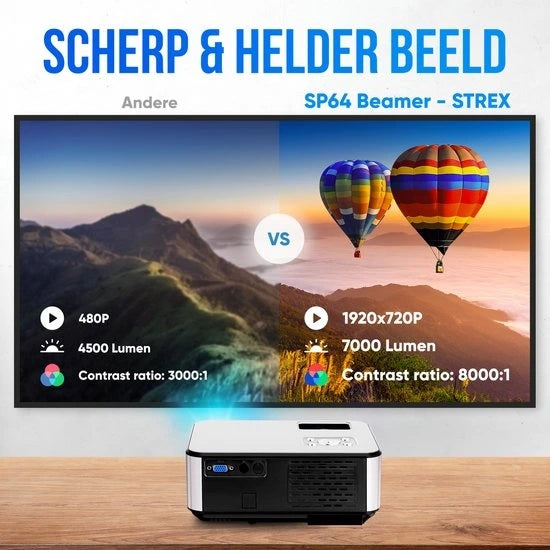 Strex Beamer - WiFi & Telefon-Streaming - 7000 Lumen - 22 x 16 x 8,7 cm - Schwarz