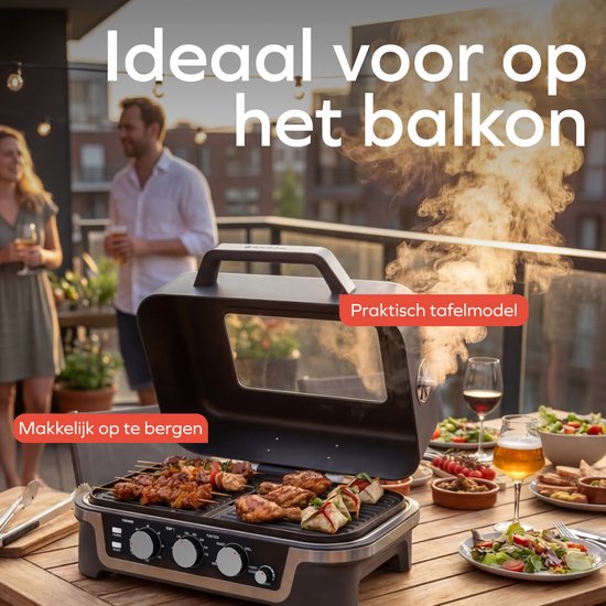 KitchenBrothers Elektro-Grill und Smoker – Tischmodell für den Balkon – 90 °C bis 250 °C – 2600 W – Tischgrill – Mit Sichtfenster