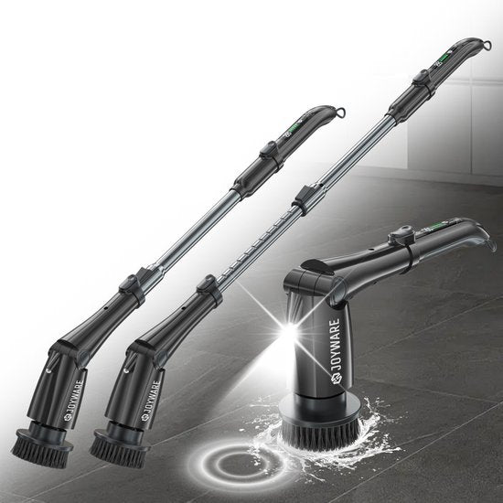 Joyware Elektrische Reinigungsbürste Pro – Scheuerbürste – Scheuerbürste mit Stiel – Scheuermaschine – Reinigungsmaschine – Schwarz – 7 Aufsätze