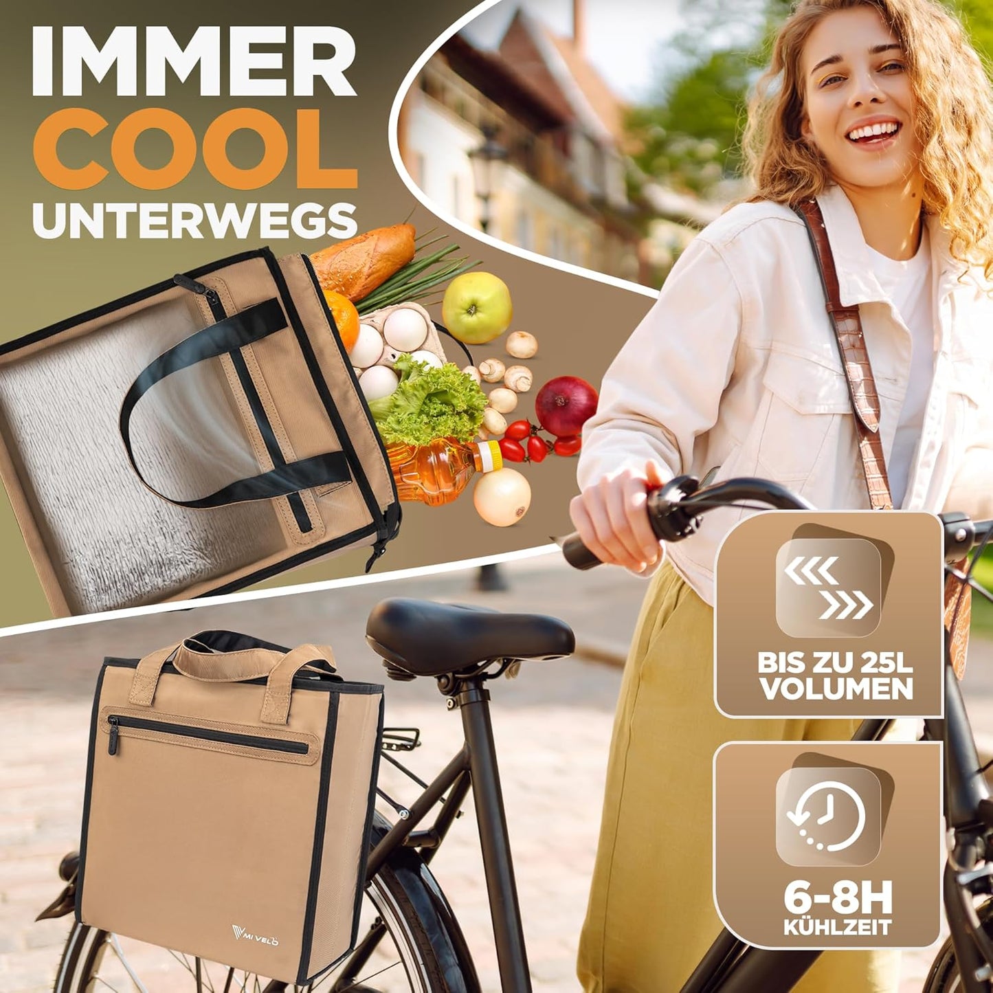 MIVELO Fahrradtasche zum Einkaufen - Inklusive abnehmbarer Kühltasche - 25 Liter - 40 x 30 x 7 cm - Beige