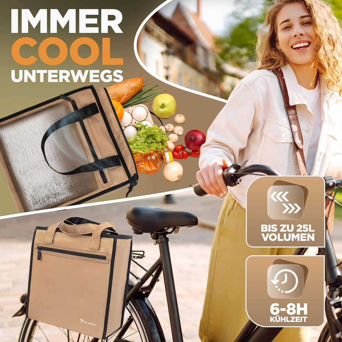 MIVELO Fahrradtasche - Für Lebensmittel - 25 Liter - Fassungsvermögen & abnehmbare Kühltasche - Polyester - Beige