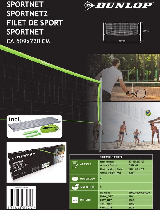 Dunlop Sports Net 609 x 220 CM - Volleyballnetz - Tennisnetz - Badmintonnetz - Komplettset mit Schlägern, Netz, Bodennägeln und Spannseilen - Multifunktional einsetzbar - Grün/Schwarz