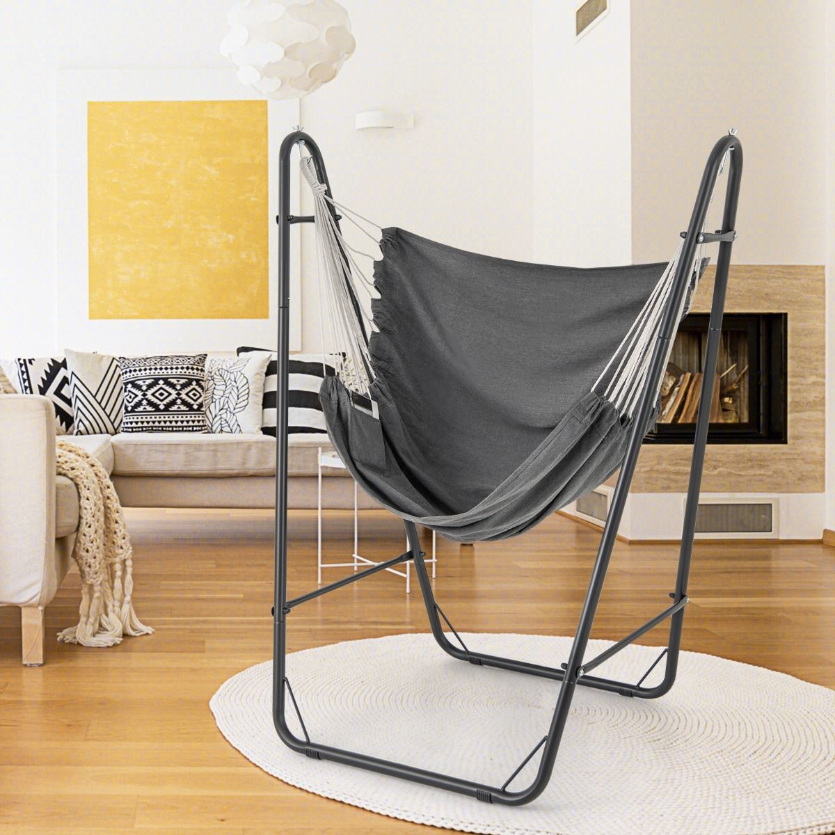 Coast Hängesessel mit Ständer – Sitzfläche aus Baumwolle und Polyester – Seitentaschen – Grau – 130 x 87 x 161 cm