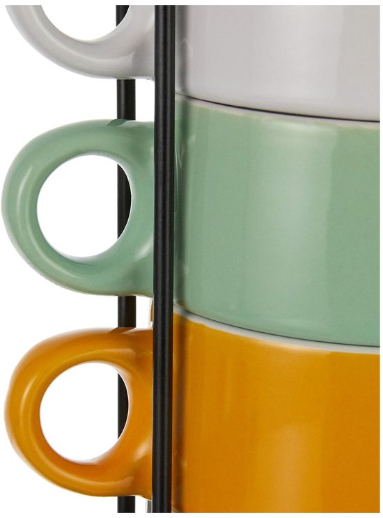 Secret de Gourmet Kaffeetassen/Becher Colorama – 6 Stück im Metallständer – Keramik – glänzende Oberfläche – 260 ml – 8 x 9 cm