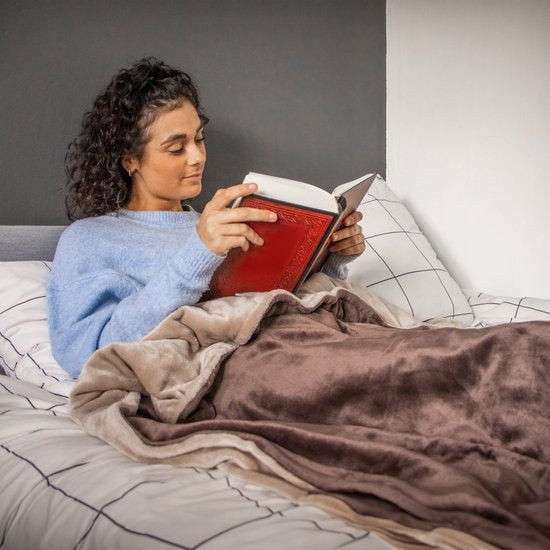 STAUS&BACH POWERNAP- Elektrische Fleece Heizdecke - 1/2 Person kariert/Sherpa - 160x120 cm Kuscheldecke - Waschmaschinenfest - Couverture chauffante - 3 Wärmestufen - Braun