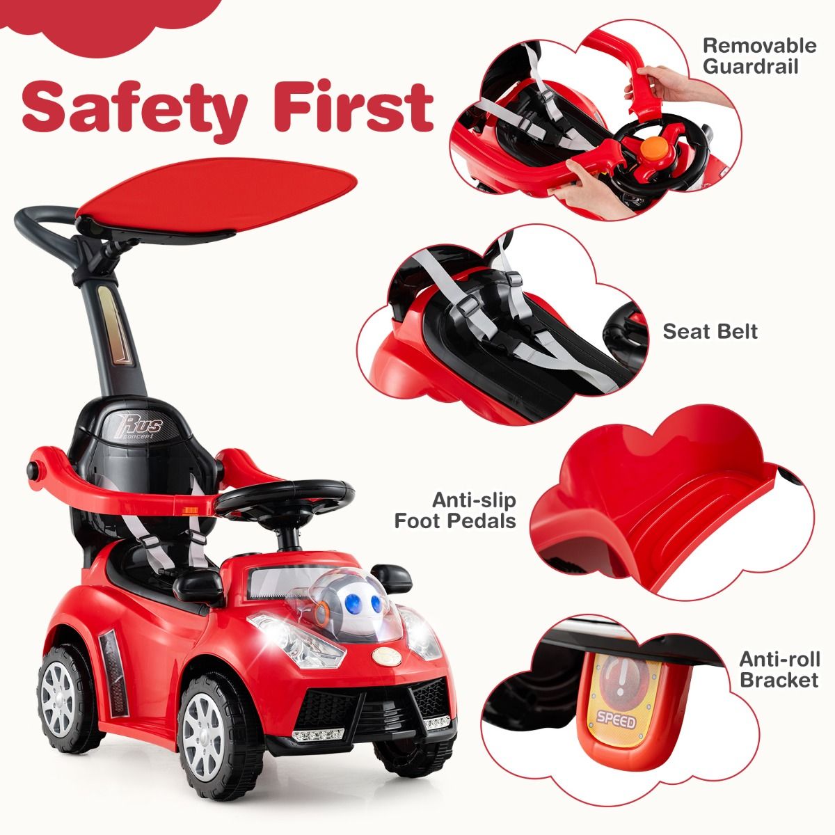 Coast 3-in-1-Laufwagen mit Schiebestange – Stauraum – verstellbarer Sonnenschutz – rot
