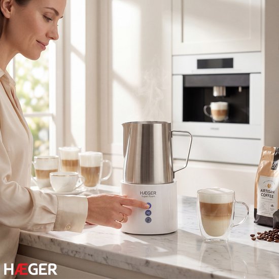 Haeger Super Foam Elektrischer Milchaufschäumer – BPA- und PFAS-frei – Warmhaltefunktion und Antihaftbeschichtung – 250 ml – 600 W – Praktischer Milchaufschäumer – Milchaufschläger – Weiß