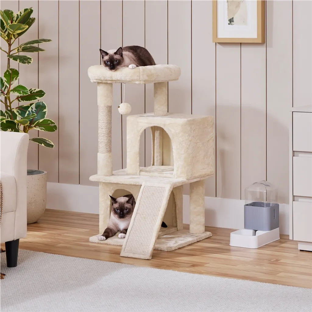 Yaheetech Katzenpfosten Beige - 91 cm hoch - mit 2 Katzenhäusern, Sisalkratzern und Spielball