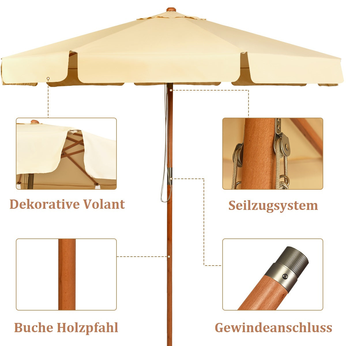 Coast garten sonnenschirm - neigbar - wasserdicht - mit uv schutz - holz - 3m - beige
