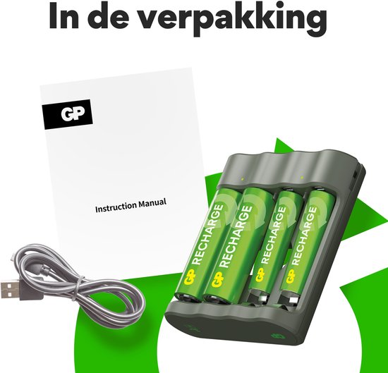 GP Recharge Ladegerät für AA- und AAA-Batterien – 4 Ladeschächte, USB-Anschluss, sicheres und schnelles Laden, kompaktes Ladegerät mit wiederaufladbaren Batterien: 2x AA 2100 mAh / 2x AAA 800 mAh