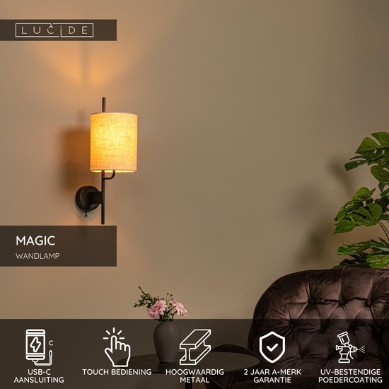 Lucide MAGIC – Wandleuchte – 1xE27 – Mit USB-Ladeanschluss – Schwarz