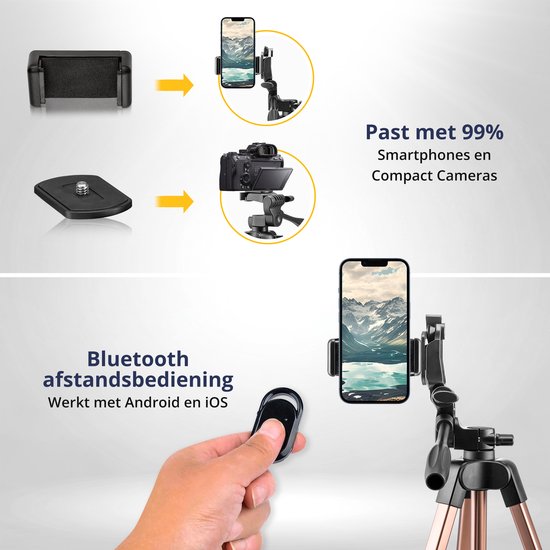 Studio ME Telefonstativ - 136 cm - Stativ Smartphone - Rose Gold - Kamerastativ - Telefonhalterung - Inkl. Bluetooth-Fernbedienung - Stativ Telefon