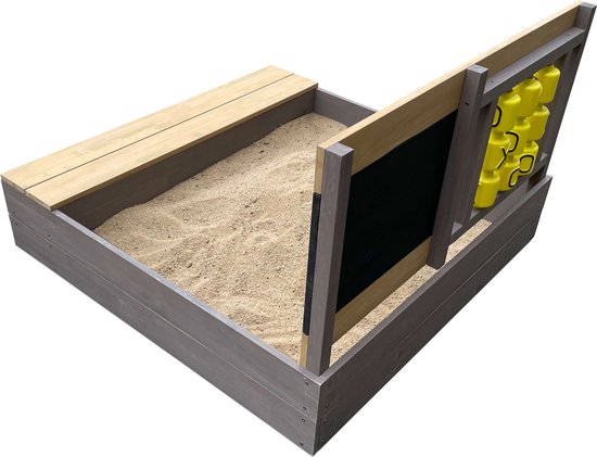 AXI Kitty Sandkasten mit „Butter-Käse-und-Eier“-Motiv, grau/braun – Mit Sitz – Inklusive Abdeckplane und Bodenplane – FSC-zertifiziertes Holz