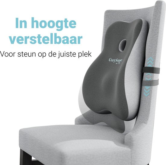 CozySense® Rückenstütze - Verstellbares Kissen für den unteren Rücken - Lendenkissen für Auto, Bürostuhl, Bett & Sofa - Ergonomisch - Mit Coolgel - Waschbarer Bezug