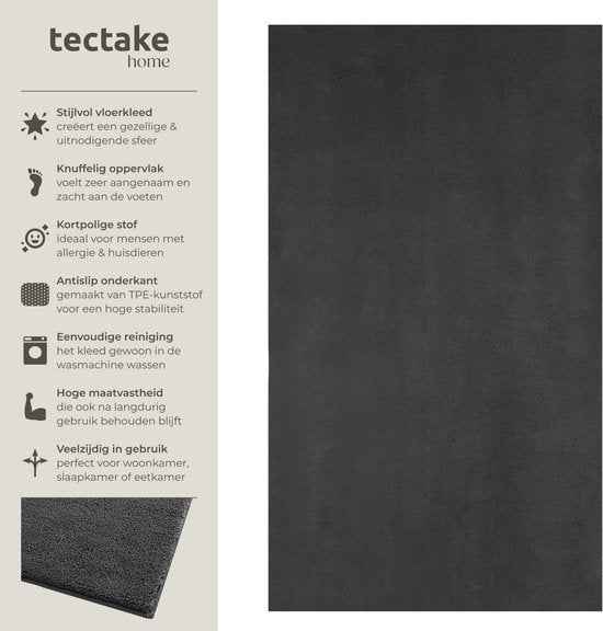 tectake® Kurzflorteppich - 60 x 110 cm - Anthrazit - Teppich für Wohnzimmer, Schlafzimmer, Esszimmer - Pflegeleicht und waschbar - Rutschfeste Unterlage - Allergikerfreundlich - Verschiedene Größen und Farben