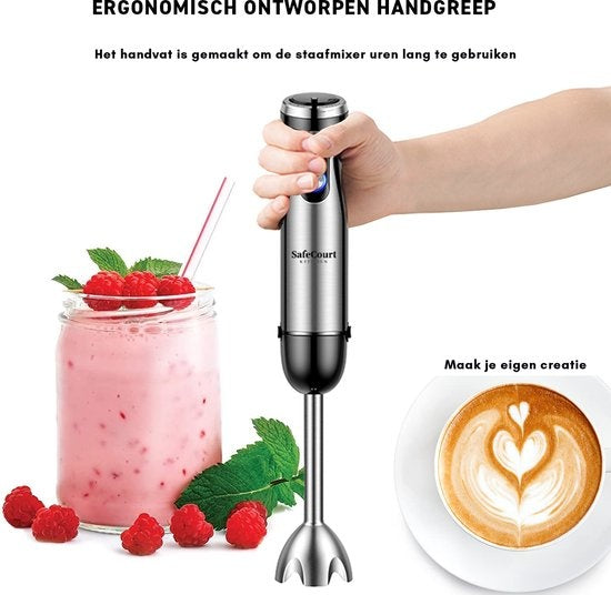 Safecourt Kitchen - 6-teiliges Stabmixer-Set - Inklusive Milchaufschäumer & Messbecher - Zerkleinerer - 1000 Watt - 20 Geschwindigkeiten