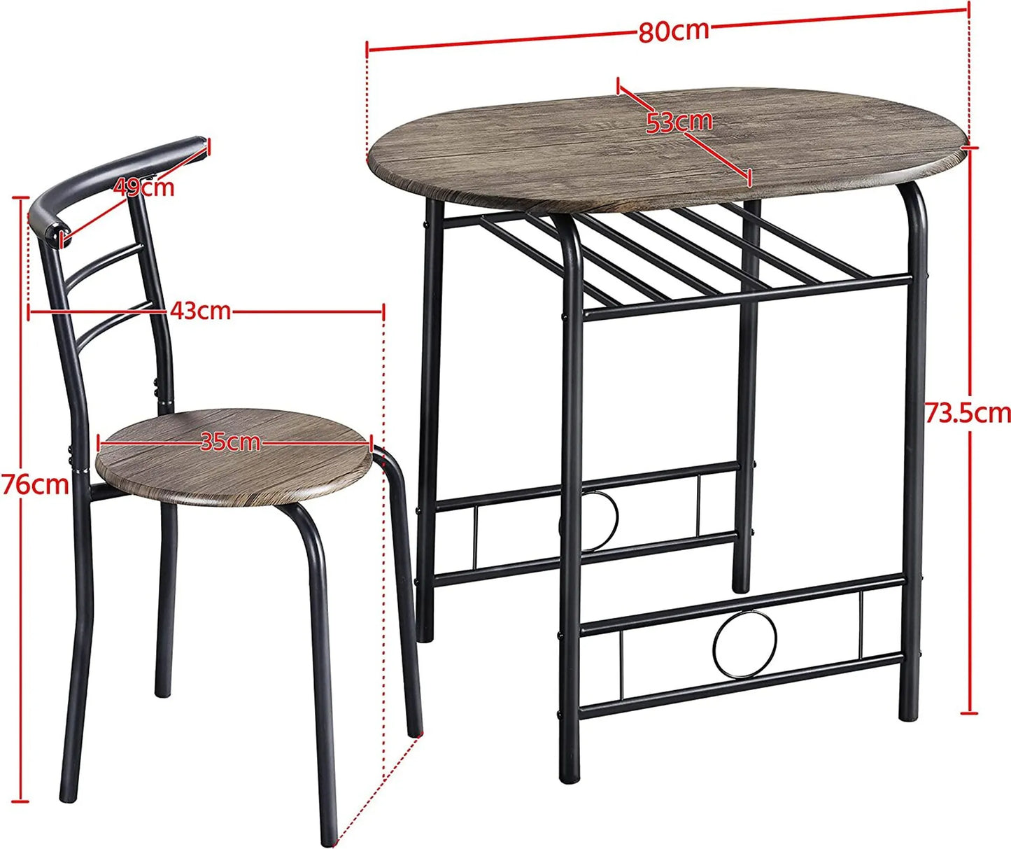 Yaheetech Dining Set von 3 - Features Tisch mit 2 Stühlen und verstellbare Lagerung Regal und wasserabweisende Beschichtung - für Küche und Esszimmer - Driftwood Brown Metall und MDF - 80 x 53 x 73,5 cm
