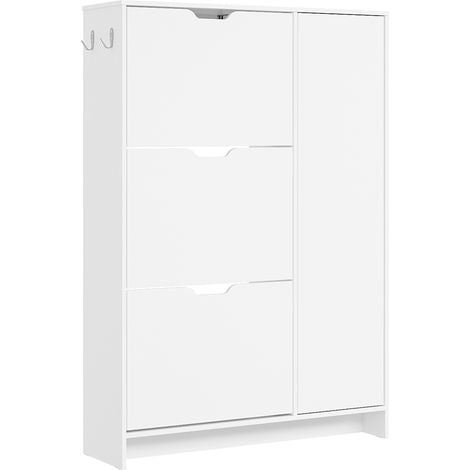 SoBuy Schuhschrank 84 x 24 x 121 cm – Weiß – 3 Klapptüren – 3 Schubladen – Platz für 12 Paar Schuhe