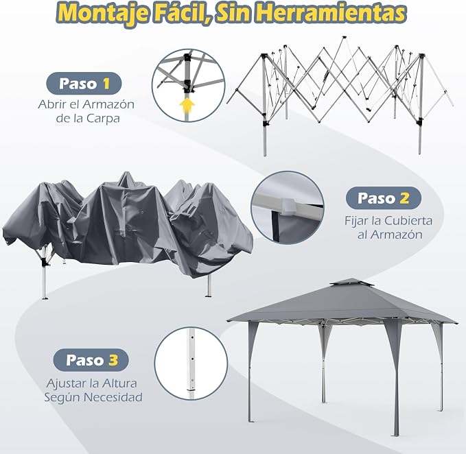 Coast Faltbares Partyzelt 3,95 × 3,95 m – Pop-up-Pavillon mit Belüftungsdach, 3 Höhenstufen, UV-Schutz und Tragetasche – Grau