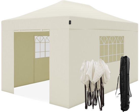LifeGoods Partyzelt – Pavillon – 3 x 4,5 m – Seitenwände – Easy-Up – Zusammenklappbar – Wasserdicht – Transporttasche mit Rollen – Beige