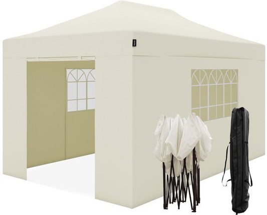 LifeGoods Partyzelt – Pavillon – 3 x 4,5 m – Seitenwände – Easy-Up – Zusammenklappbar – Wasserdicht – Transporttasche mit Rollen – Beige