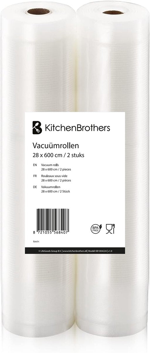 KitchenBrothers Vakuum-Rollen 2 Stück - 28x600cm - BPA-frei - Für Vakuumiermaschine & Sous-Vide - Universelle & starke Lebensmittelverpackung