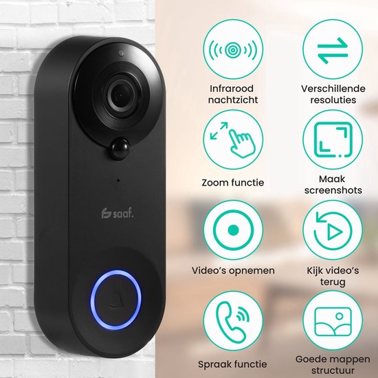 Video-Türklingel mit Kamera - inkl. Gong & 128GB SD - drahtlos - intelligente Türklingel - mit App - Schwarz - von Saaf