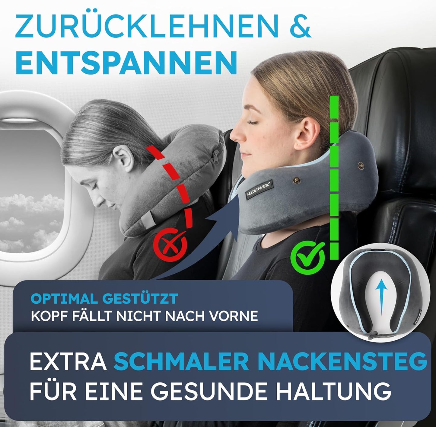 Heroism Nackenkissen - Mit Kapuze - 6-fach verstellbar - Waschbar - Grau