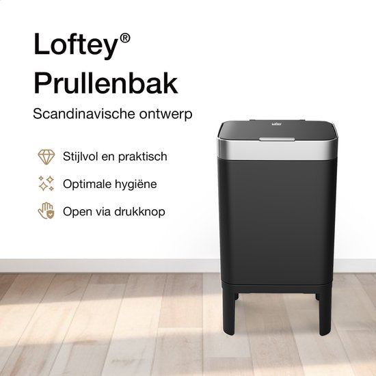 Loftey Mülleimer 60 Liter - Push/touch Mülleimer - Duo Mülleimer mit Inneneimer - Mülleimer 2 Fächer - Mülltrennung 2x30L - Küche - Schwarz/RVS