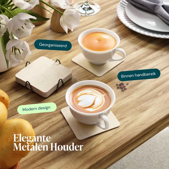 Castagnola Untersetzer aus Kunstleder – Untersetzer für Gläser – Design-Untersetzer mit Halter – Untersetzer-Set aus Kunstleder mit Metallhalter – Leder – 10er-Set – Offwhite – 10 x 10 cm