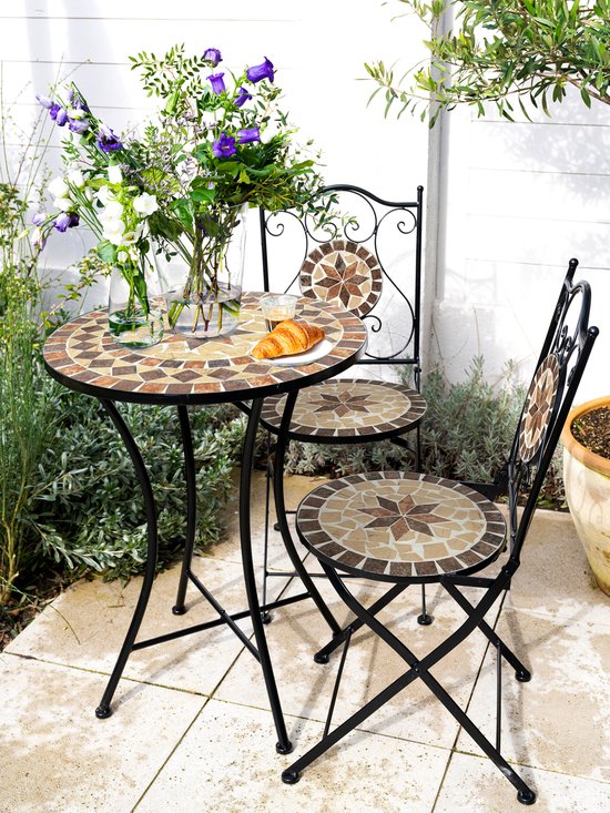 AXI Amélie Bistro-Stühle – Zusammenklappbar – Earth Brown – Zusammenklappbare Gartenstühle aus Metall – Hohe Rückenlehne – 2er-Set – Mosaik-Optik – Mit Keramikfliesen eingelegt – 150 kg Tragkraft – Garten, Terrasse oder Balkon