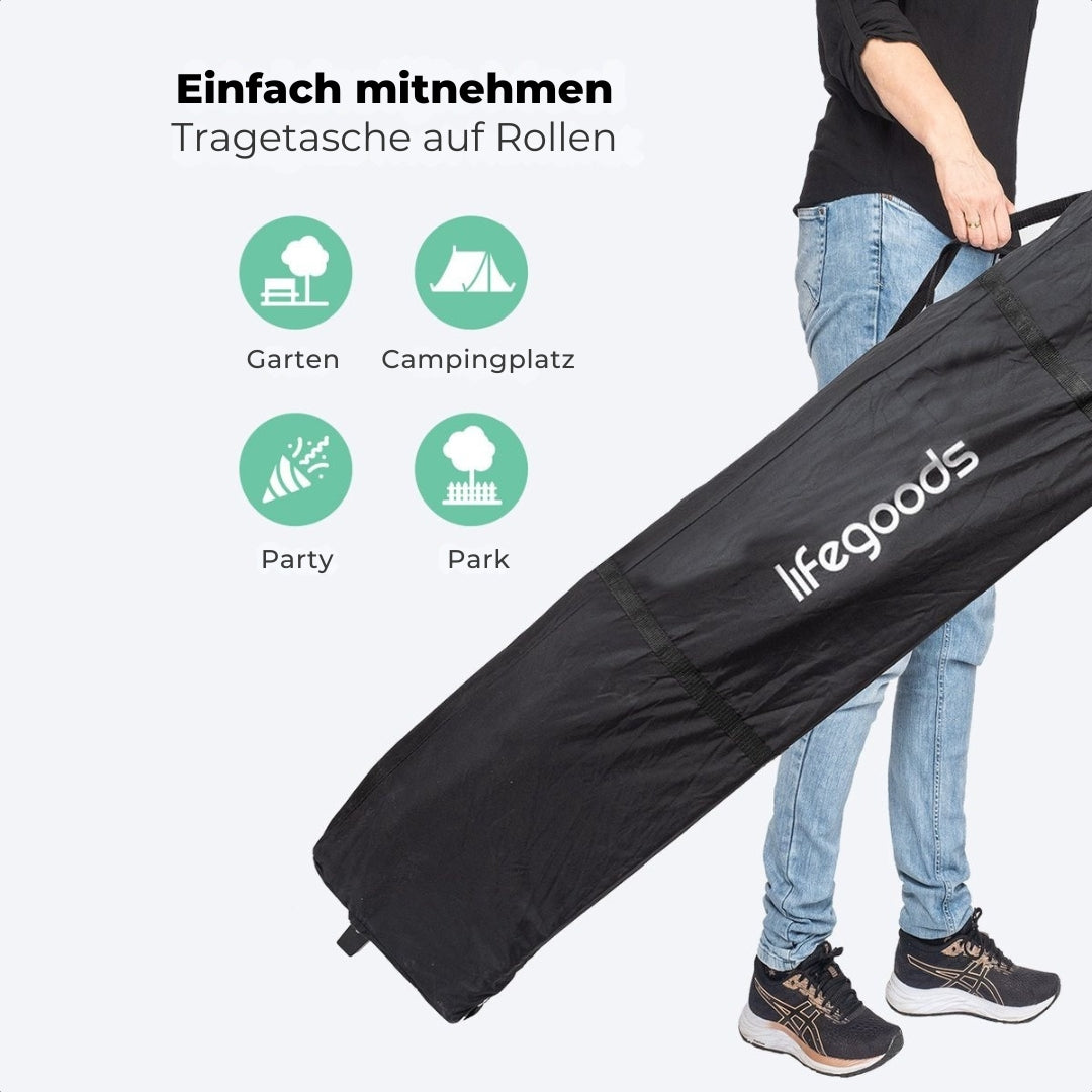 LifeGoods Partyzelt - Pavillon - 3x3 m - faltbar - wasserdicht - mit Rädern - blau