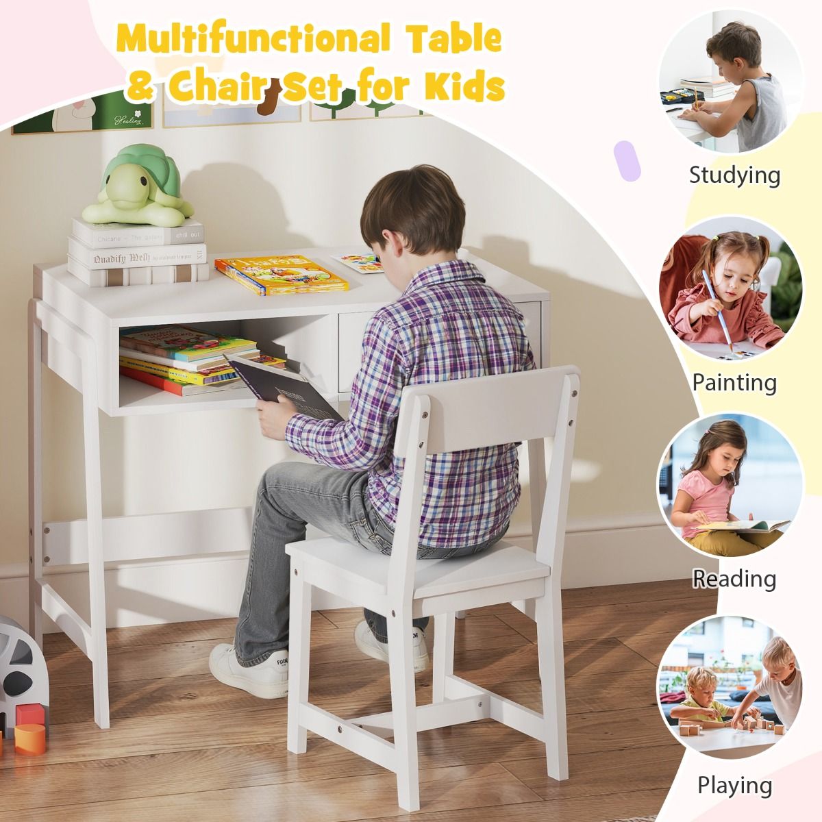 Coast Kinderschreibtisch mit Stuhl – mit Schublade und Ablage – ergonomisches Design – weiß