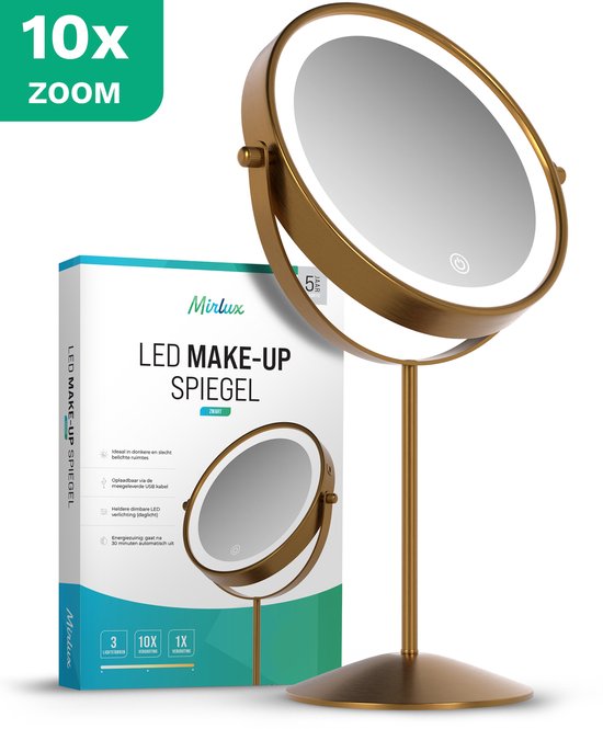 Mirlux Make-up-Spiegel mit LED-Beleuchtung - 10x Vergrößerung Licht - Rasierspiegel klein auf Fuß - 3 Lichtstufen - wiederaufladbar - Vergrößerungsspiegel Gold