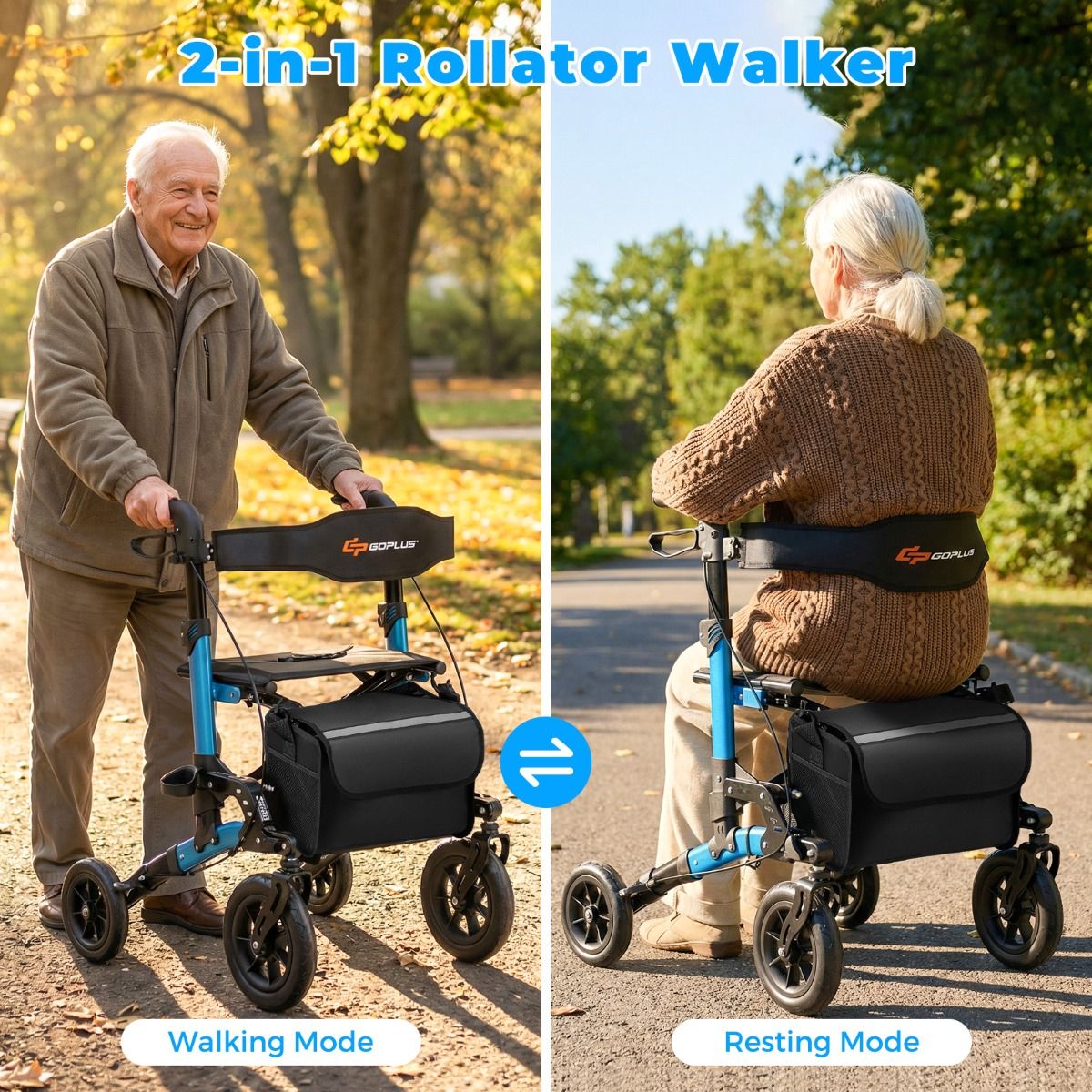 Coast Faltbarer Rollator für Senioren – Sitz mit Netzrückenlehne – Große Räder und Stockhalter – blau