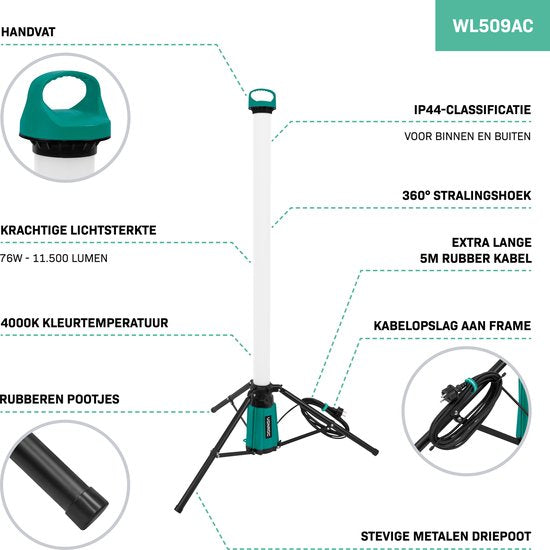 VONROC PRO Baulampe 360° - LED - 76W - mit Stativ/ Dreibein - Sehr leistungsstark: 11.500 Lumen - Höhe: 151 cm - 5-Meter-Kabel