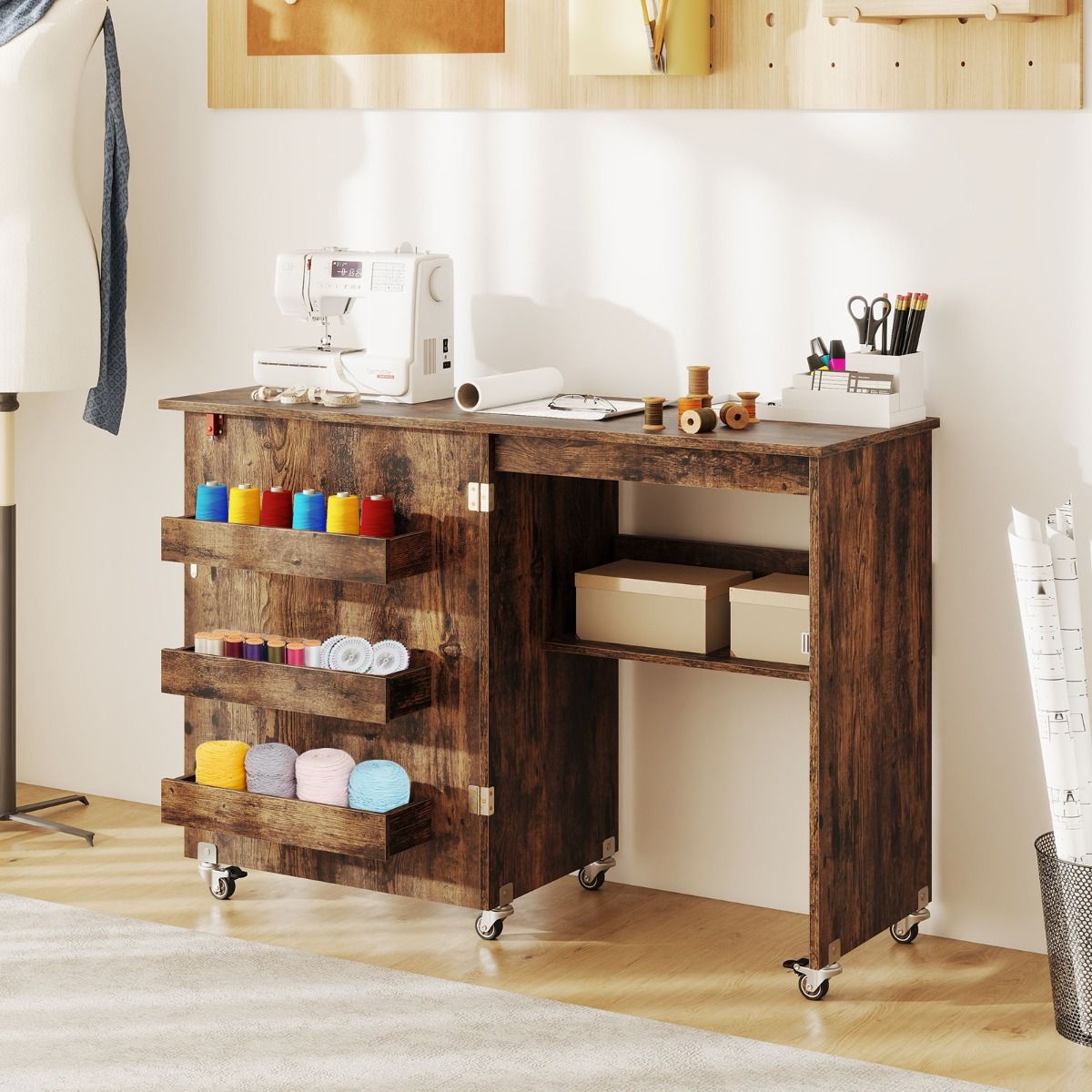 Coast Klappbarer Näh-Tisch – Mobile Bastelstation – Mit Ablagegestell und versteckten Staufächern – Grün 118,5 x 40 x 79,5 cm