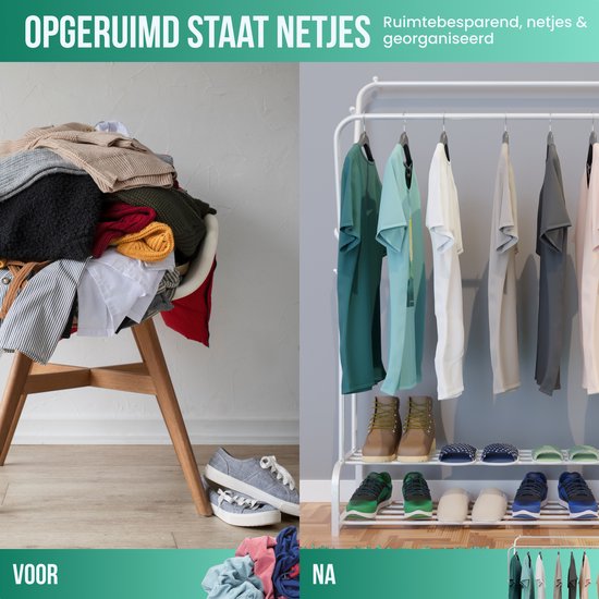 Avalo Industrieller Kleiderständer Doppelstab - Metall - 110x33x150 CM - Weiß - Aufbewahrung für Schuhe - Garderobenständer mit Haken