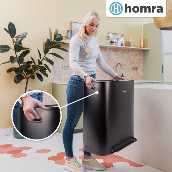 Homra Rockx Mülleimer 60 Liter – Duo-Treteimer 2×30 l mit Geruchsfilter – Edelstahl-Mülltrennbehälter mit 2 Fächern – Recycling-Mülleimer – Küchenmülleimer – Mülleimer zur Mülltrennung – Doppel-Mülleimer in Schwarz und Kupfer