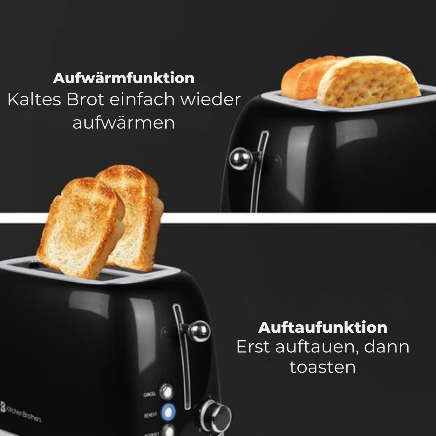 KitchenBrothers Toaster - 6 Heizstufen - 2 extra breite Schlitze - Aufwärm- und Auftaufunktion - Schwarz